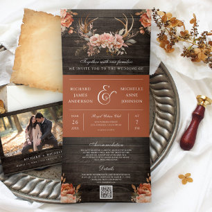 Invitation Trois Volets Mariage Code QR Bois Andouillers Floraux Terracott