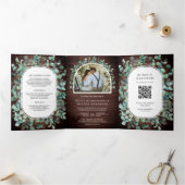 Invitation Trois Volets Mariage Code QR Bois de Grange Eucalyptus Rustique (Intérieur)