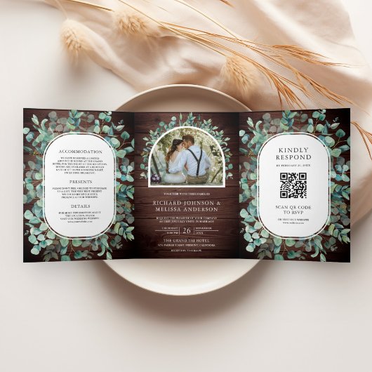 Invitation Trois Volets Mariage Code QR Bois de Grange Eucalyptus Rustique