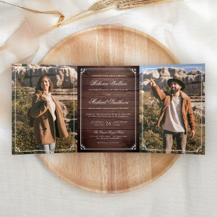 Invitation Trois Volets Mariage Code QR Bois Grange Rustique Photo Minimal