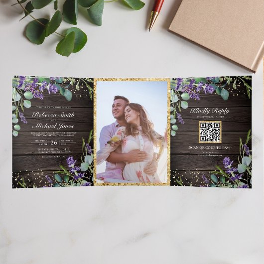 Invitation Trois Volets Mariage Code QR Bois Rustique Lavande Eucalyptus