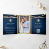 Invitation Trois Volets Mariage Code QR Boussole Dorée Navale (Intérieur)