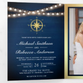 Invitation Trois Volets Mariage Code QR Boussole Dorée Navale (Intérieur en premier)