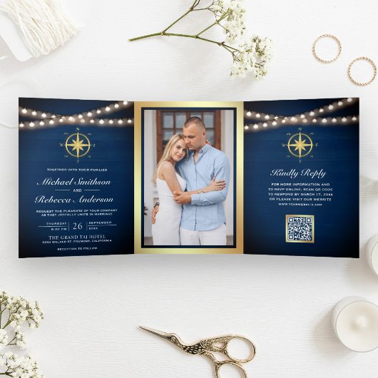 Invitation Trois Volets Mariage Code QR Boussole Dorée Navale
