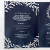 Invitation Trois Volets Mariage Code QR Branche Feuille Argent Bleu Marine (Intérieur en premier)