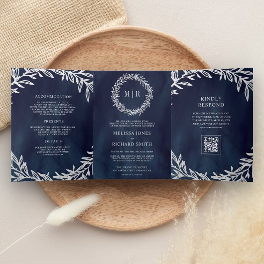 Invitation Trois Volets Mariage Code QR Branche Feuille Argent Bleu Marine