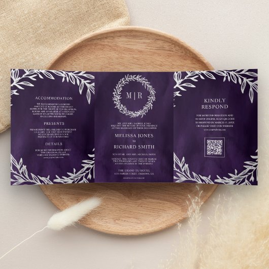 Invitation Trois Volets Mariage Code QR Branche Feuille Argent Violet Fonc