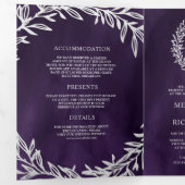 Invitation Trois Volets Mariage Code QR Branche Feuille Argent Violet Fonc (Intérieur en premier)