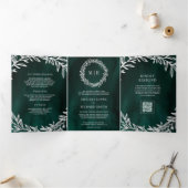 Invitation Trois Volets Mariage Code QR Branche Feuille d'Argent Vert Emer (Intérieur)