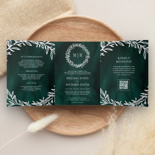 Invitation Trois Volets Mariage Code QR Branche Feuille d'Argent Vert Emer