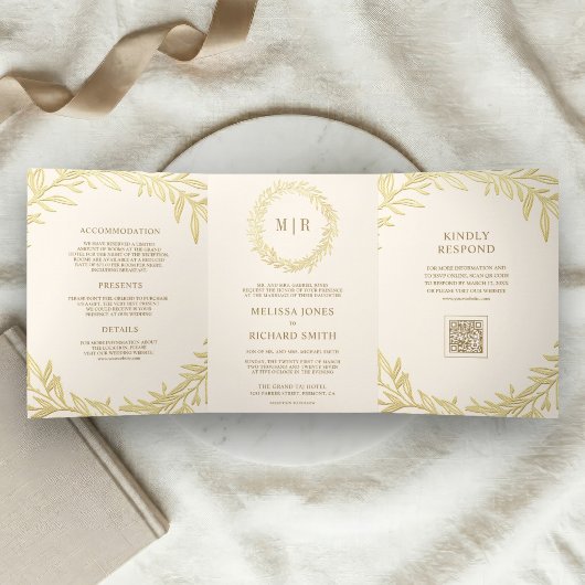 Invitation Trois Volets Mariage Code QR Branche Feuille d'Or Crème