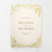 Invitation Trois Volets Mariage Code QR Branche Feuille d'Or Crème (Page de couverture)
