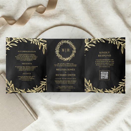 Invitation Trois Volets Mariage Code QR Branche Feuille d'Or Gris Charbon