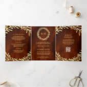 Invitation Trois Volets Mariage Code QR Branche Feuille d'Or Orange Brûlé (Intérieur)
