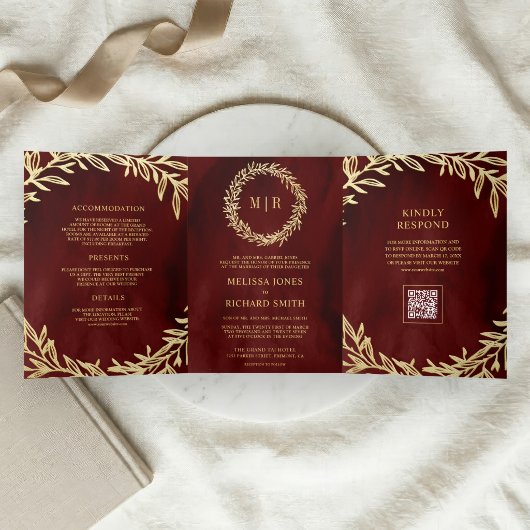 Invitation Trois Volets Mariage Code QR Branche Feuille d'Or Rouge Grenat