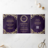 Invitation Trois Volets Mariage Code QR Branche Feuille d'Or Violet Foncé (Intérieur)