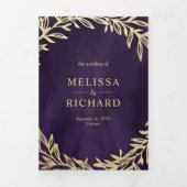 Invitation Trois Volets Mariage Code QR Branche Feuille d'Or Violet Foncé (Page de couverture)