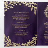 Invitation Trois Volets Mariage Code QR Branche Feuille d'Or Violet Foncé (Intérieur en premier)