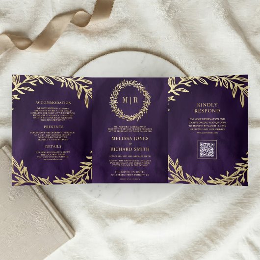 Invitation Trois Volets Mariage Code QR Branche Feuille d'Or Violet Foncé