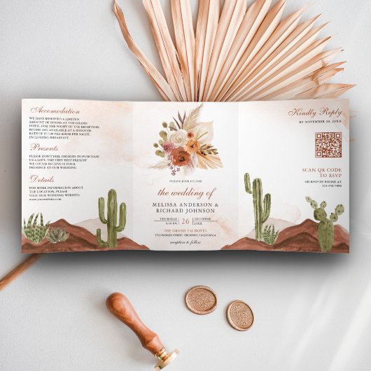 Invitation Trois Volets Mariage Code QR Cactus Désert Floral Terracotta