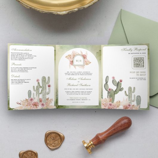 Invitation Trois Volets Mariage Code QR Cactus Floral Boho Rose