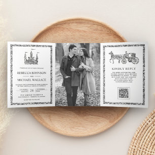 Invitation Trois Volets Mariage Code QR Carrosse de Château de Contes de F