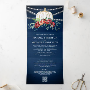 Invitation Trois Volets Mariage Code QR Citrouille Blanche Floral Bourgogn
