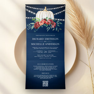 Invitation Trois Volets Mariage Code QR Citrouille Blanche Floral Bourgogn