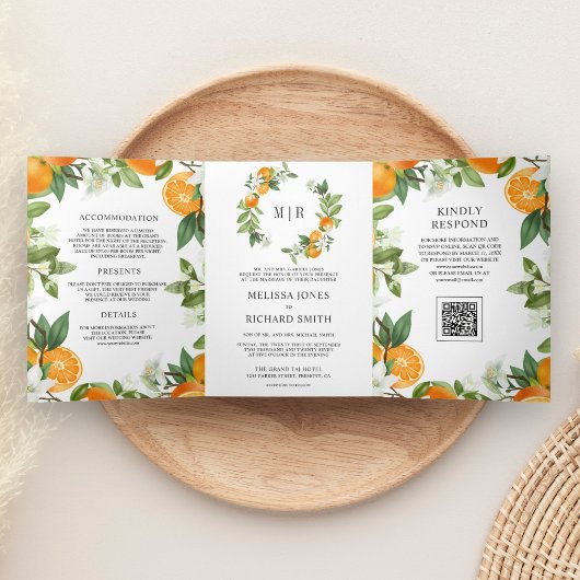 Invitation Trois Volets Mariage Code QR Citrus Orange Tangerine Rustique