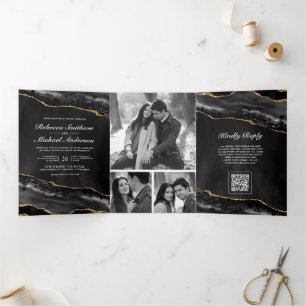 Invitation Trois Volets Mariage Code QR Collage Photo Agate Or Charbon