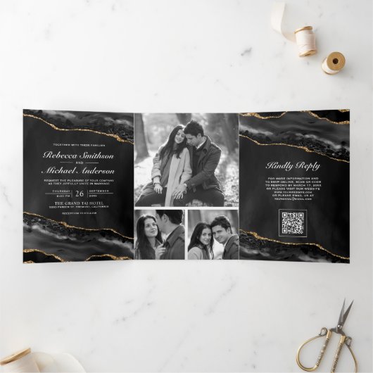 Invitation Trois Volets Mariage Code QR Collage Photo Agate Or Charbon (Intérieur)