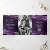 Invitation Trois Volets Mariage Code QR Collage Photo Agate Or Doré Violet (Intérieur)