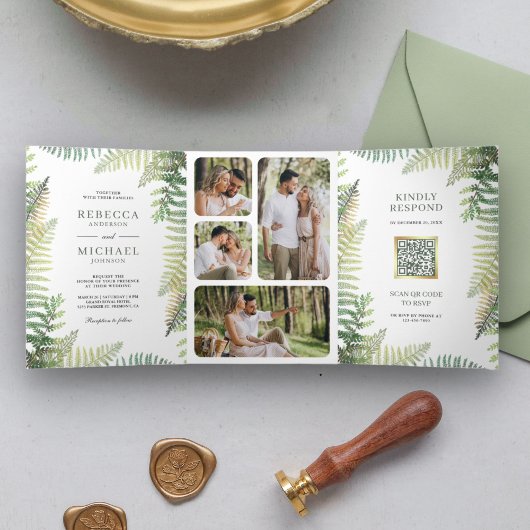 Invitation Trois Volets Mariage Code QR Collage Photo de Fougères Vertes L