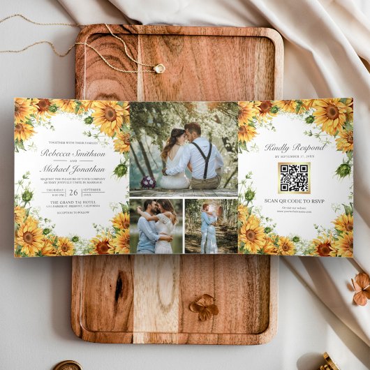 Invitation Trois Volets Mariage Code QR Collage Photo de Tournesols Rustiq