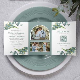 Invitation Trois Volets Mariage Code QR Collage Photo Eucalyptus Rustique