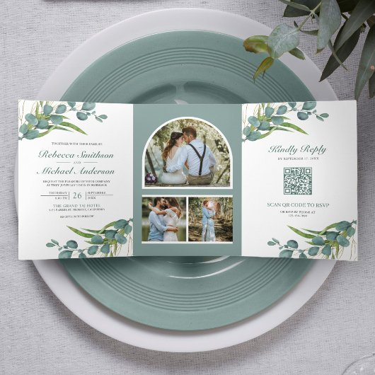 Invitation Trois Volets Mariage Code QR Collage Photo Eucalyptus Rustique