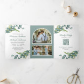 Invitation Trois Volets Mariage Code QR Collage Photo Eucalyptus Rustique (Intérieur)