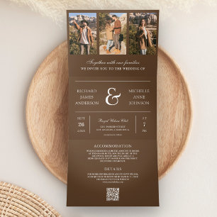 Invitation Trois Volets Mariage Code QR Collage Photo Minimal Brun