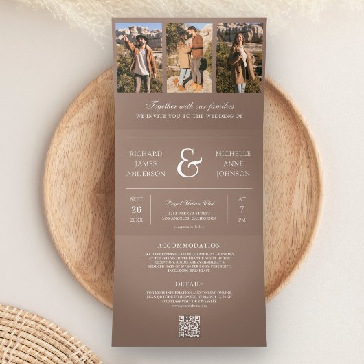 Invitation Trois Volets Mariage Code QR Collage Photo Minimal Brun Moka