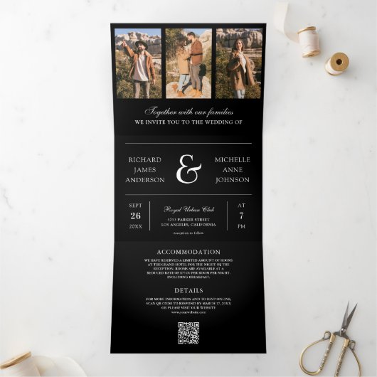 Invitation Trois Volets Mariage Code QR Collage Photo Minimal Noir (Intérieur)