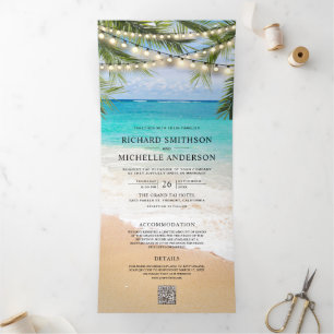 Invitation Trois Volets Mariage Code QR de Guirlandes Lumineuses de Plage