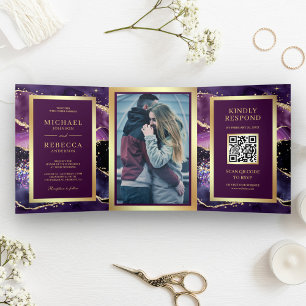 Invitation Trois Volets Mariage Code QR de Marbre Or Violet Prune