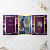 Invitation Trois Volets Mariage Code QR de Marbre Or Violet Prune (Intérieur)