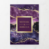 Invitation Trois Volets Mariage Code QR de Marbre Or Violet Prune (Page de couverture)