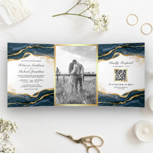 Invitation Trois Volets Mariage Code QR Encre Abstraite Bleu Nuit Or