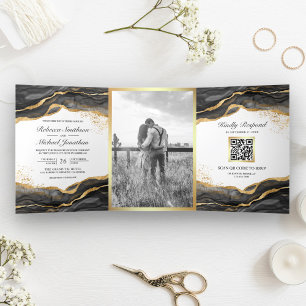 Invitation Trois Volets Mariage Code QR Encre Abstraite Or Noir