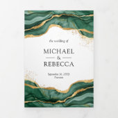 Invitation Trois Volets Mariage Code QR Encre Abstraite Or Vert Emeraude (Page de couverture)
