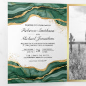 Invitation Trois Volets Mariage Code QR Encre Abstraite Or Vert Emeraude (Intérieur en premier)