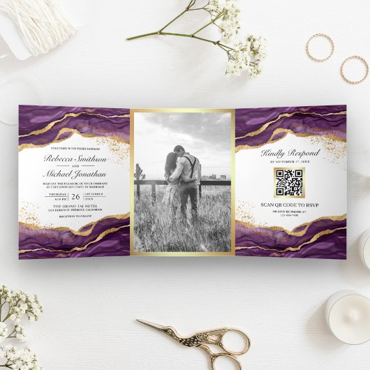 Invitation Trois Volets Mariage Code QR Encre Abstraite Or Violet