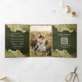 Invitation Trois Volets Mariage Code QR Encre Abstraite Vert Sage Doré (Intérieur)